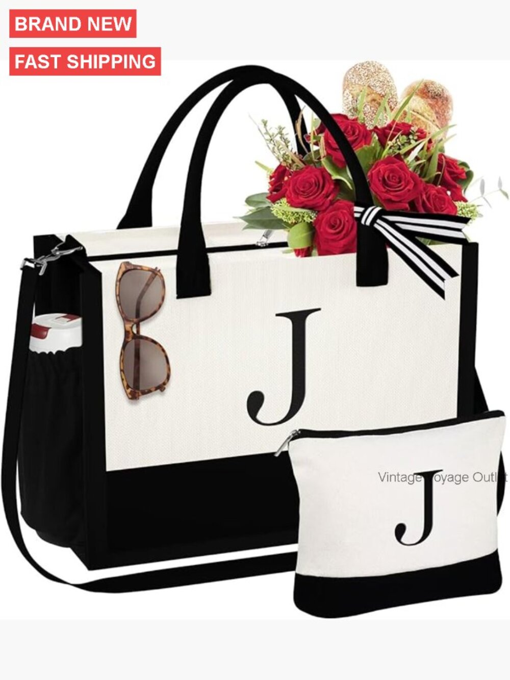 Large Canvas Tote Bag with Makeup Pouch, Adjustable Strap, Waterproof Lining